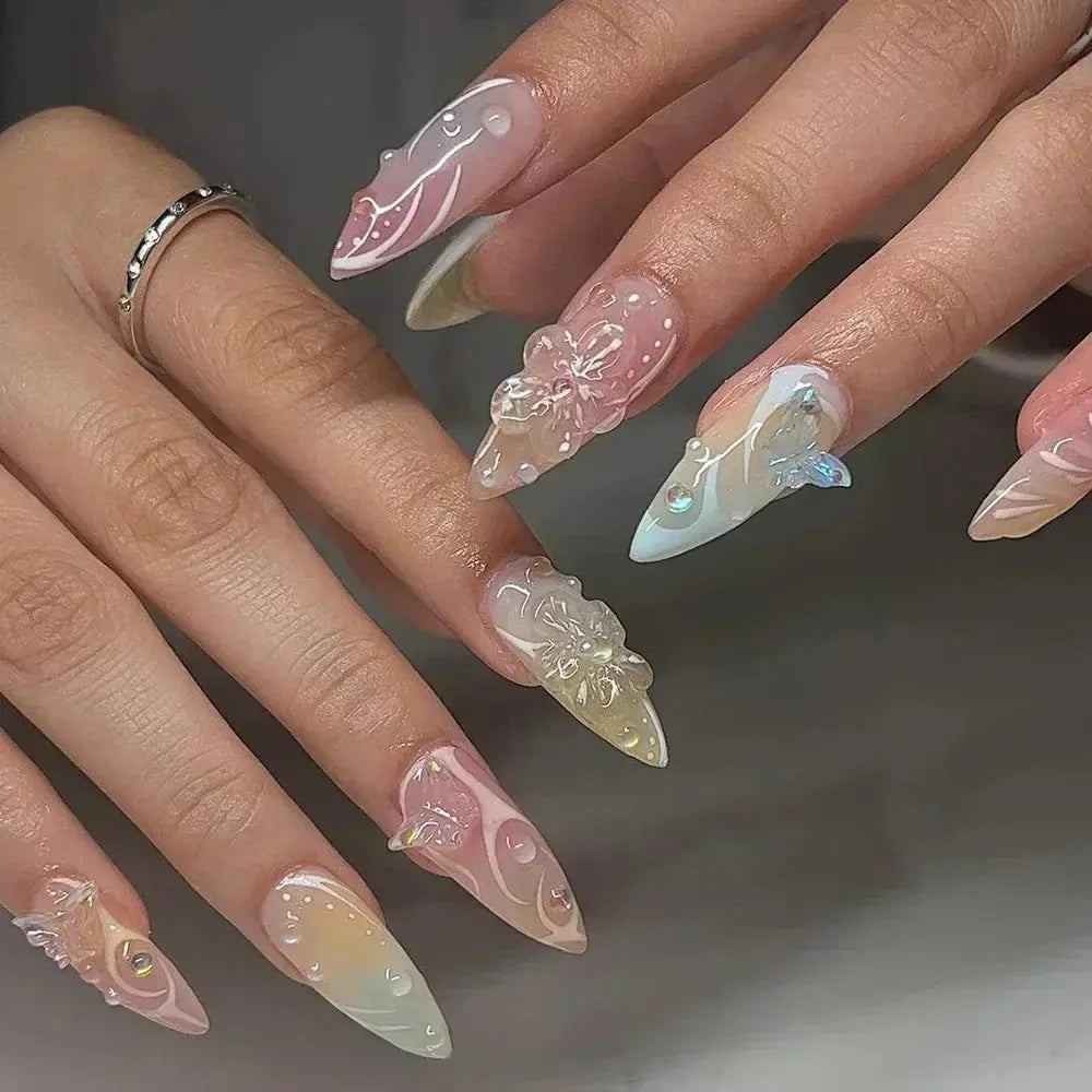 Press on Acrylic Nails Almond Full Cover Fake Nail with 3D Yellow Peach Floral False Nails with Glue Detachable Stick on Nails BareGlow