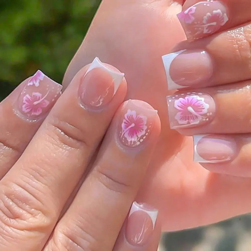24Pcs White Pink Flower Acrylic Fake Nails Short Square French False Nail Wearable Full Cover Artificial Press on Nail For Women BareGlow
