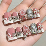 10pcs Y2k Duck Nails Pink Base Acrylic Press on Nails with 3D Cat Star Cross Pearl Rhinestone Decor Handmade French Tip Nail BareGlow
