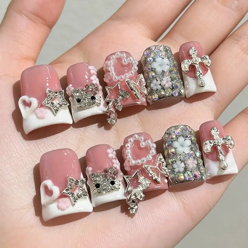 10pcs Y2k Duck Nails Pink Base Acrylic Press on Nails with 3D Cat Star Cross Pearl Rhinestone Decor Handmade French Tip Nail BareGlow