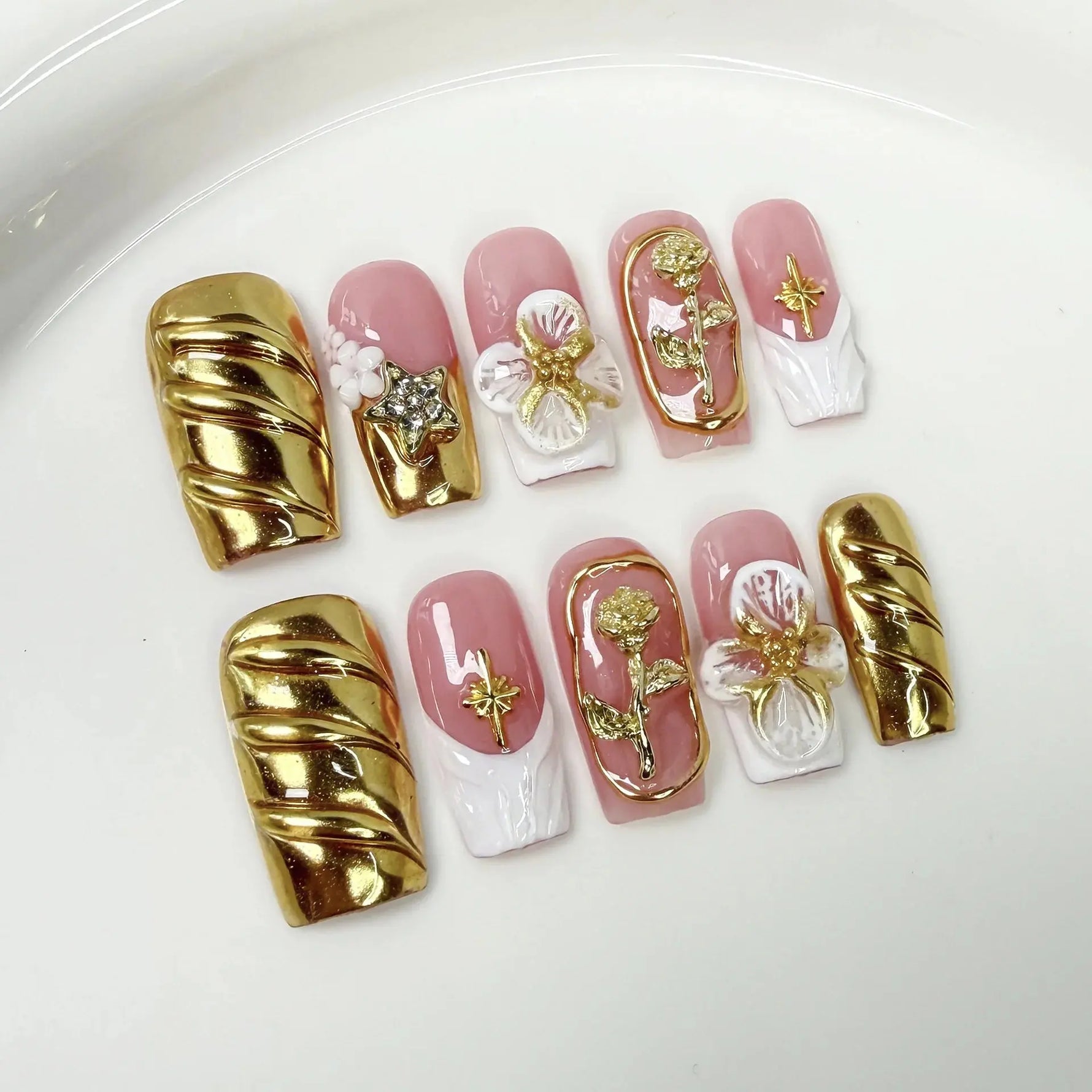 10Pcs 3D Green Flower Handmade Press on Nails French Fake Nails Wearable Stick-on Nails False Nail Uñas Накладные Ногти 네일팁 BareGlow