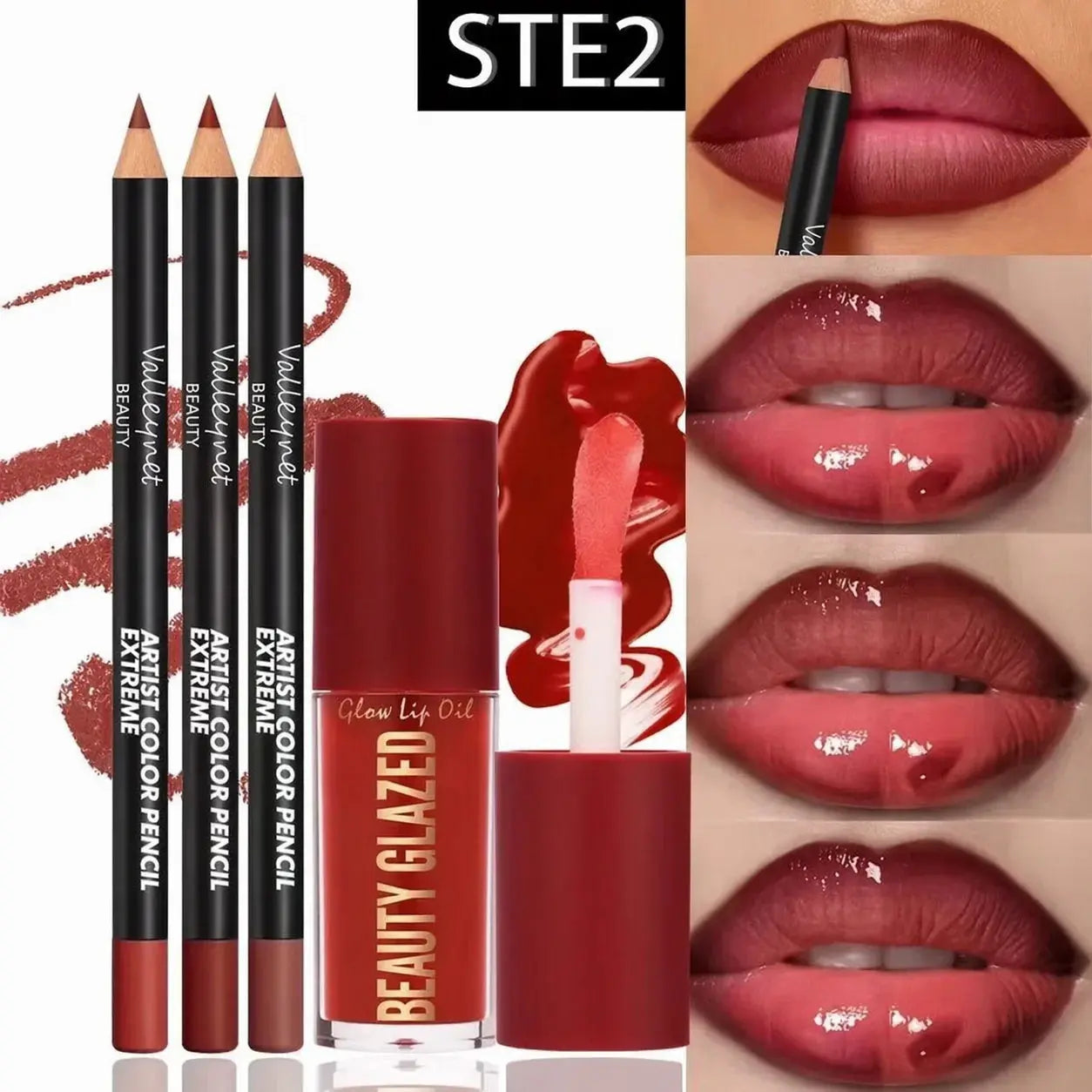 4pcs Lip Kit Set-3pcs Lip Liner+1pc Lip Glaze, Waterproof&Long-Lasting Matte Effect,Versatile for Casual & Formal Occasions, BareGlow