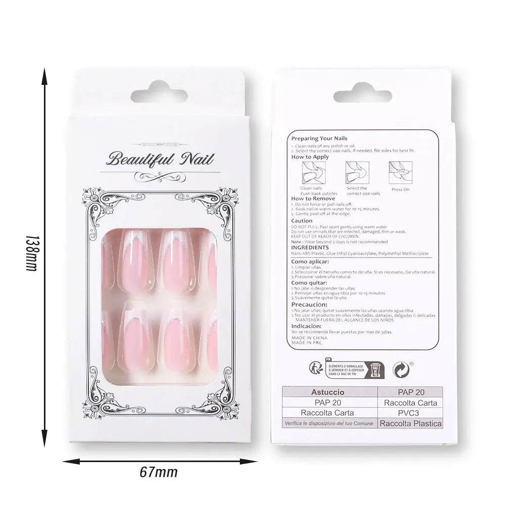 24Pcs Short Square Coffin False Nails French Glitter Wearable Fake Nails Tip Acrylic Full Cover Women Ballet Press on Nails BareGlow