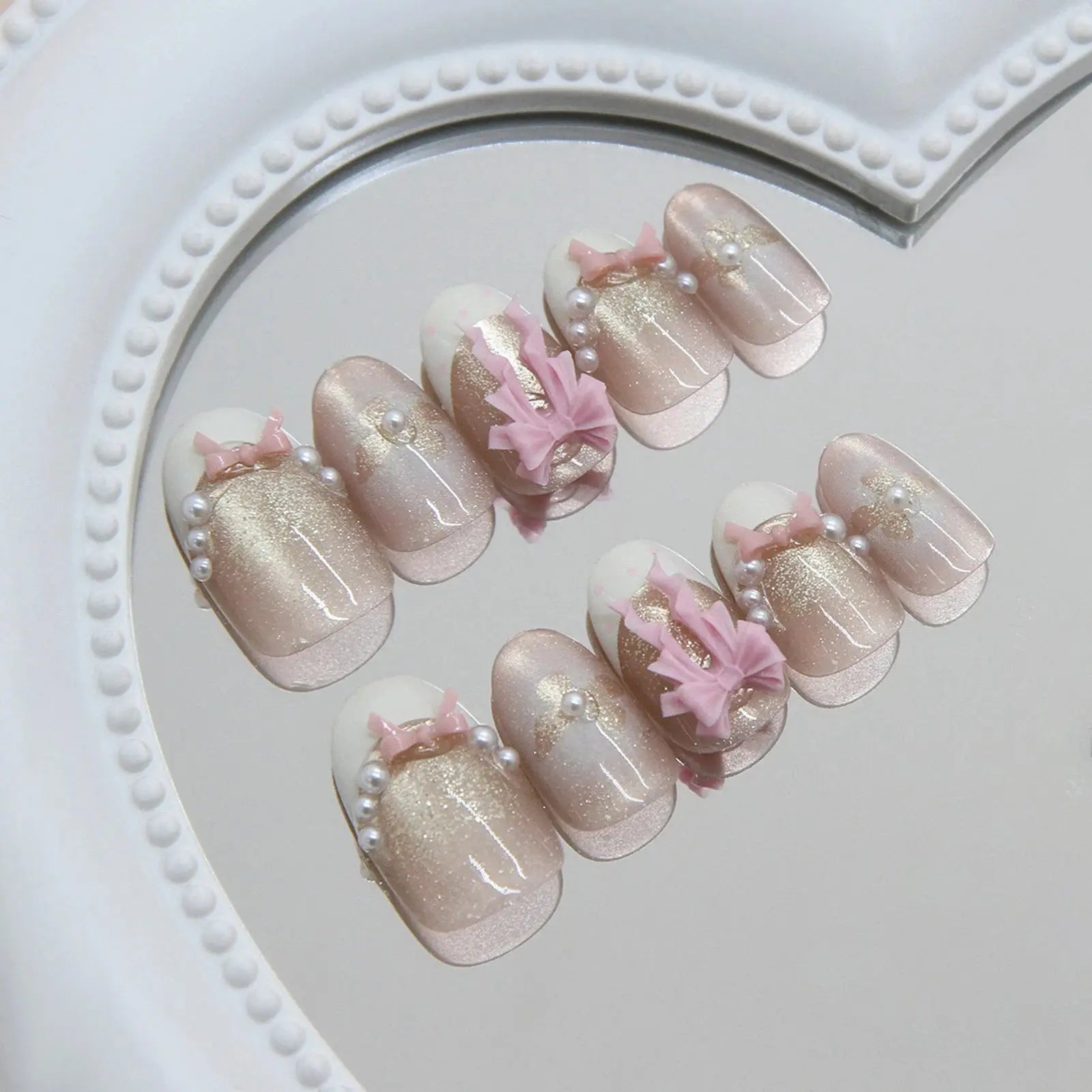 White French Press on Nails 3D Bowknot Fake Nails Tips Full Cover Wearable False Nails for Women and Girls DIY Manicure 24Pcs BareGlow