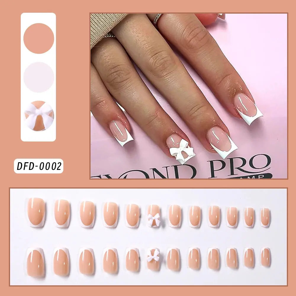 24Pcs Short Square Coffin False Nails French Glitter Wearable Fake Nails Tip Acrylic Full Cover Women Ballet Press on Nails BareGlow