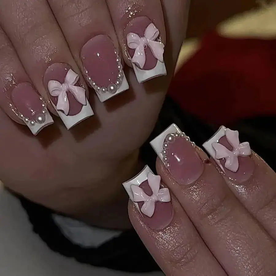 24 Pcs Pink French 3D Flower Decorations for Fake Nails Almond Press on Nails Acrylic Artificial Reusable False Nails Self-nail BareGlow