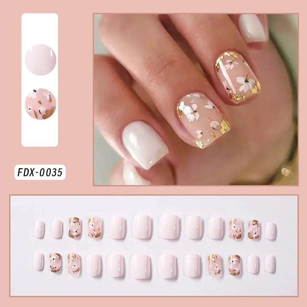 24Pcs White Pink Flower Acrylic Fake Nails Short Square French False Nail Wearable Full Cover Artificial Press on Nail For Women BareGlow