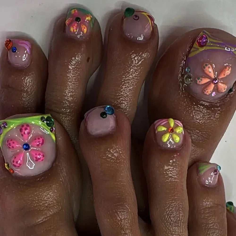 24Pcs Short Square Head French Fake Toenails with 3D Flower Design Press on False Nails Pink Simple Wearable Full Cover Nail Tip BareGlow