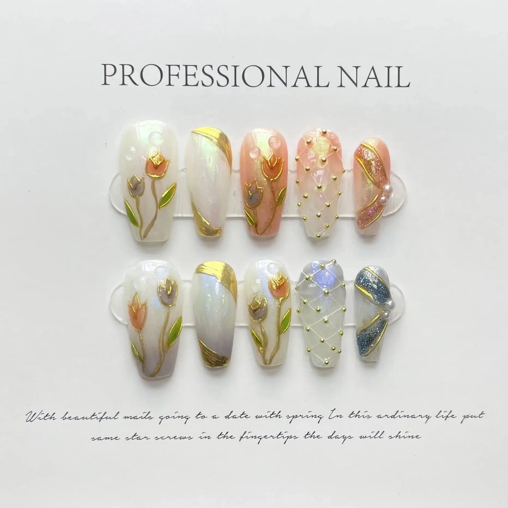 10Pcs 3D Green Flower Handmade Press on Nails French Fake Nails Wearable Stick-on Nails False Nail Uñas Накладные Ногти 네일팁 BareGlow