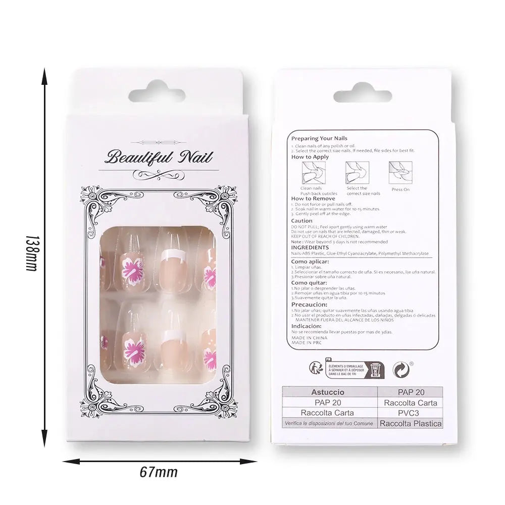 24Pcs White Pink Flower Acrylic Fake Nails Short Square French False Nail Wearable Full Cover Artificial Press on Nail For Women BareGlow
