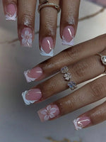 24pcs Short Square White French Flower Acrylic Press-On Nails, Cute Chrome Alloy Gel Manicure Nail Tips, Nail Art Supplies Set (Includes: 1pc Jelly Gel, 1pc Nail File), Suitable For Women Daily, Date, Party BareGlow