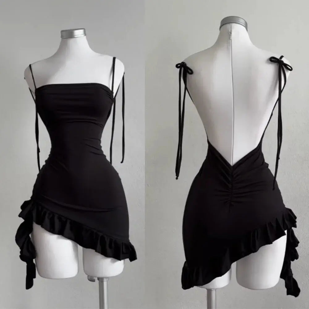 2026 Sexy Sleelveless Backless Mini Dress Women Summer Europe America Lace Up Bodycon Dresses High Street Party Club Black Dress BareGlow