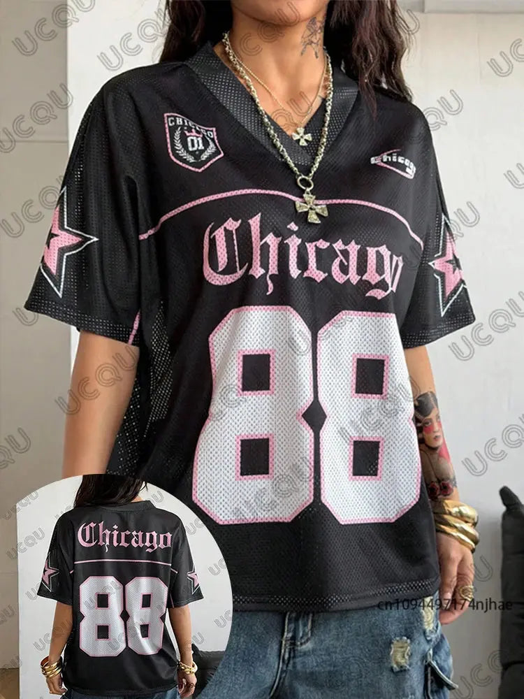 Summer New Chicago No.88 Print T Shirt For Women V-Neck Patchwork Short Sleeve Sports Football Jersey Y2K Loose Oversized Tops BareGlow