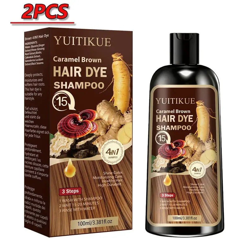 YUITIKUE 4-in-1 Caramel Brown Hair Dye Shampoo 100ml - Natural Instant Color Shampoo with Moisturizing Care BareGlow