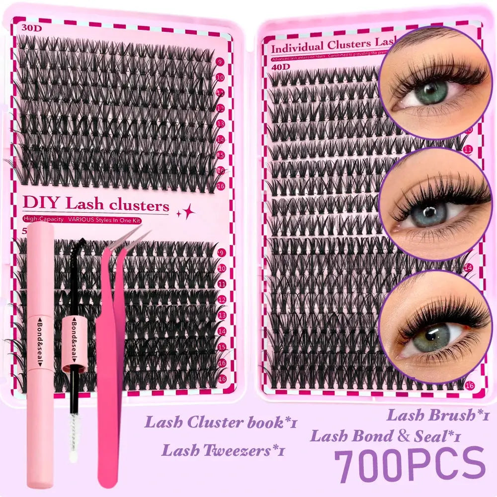 700PCS-30D/40D/50D 80D DIY Eyelash Extension Kit Mixed Length 9-16mm, D-Curl Eyelashes for DIY and Various Festive Celebrations BareGlow