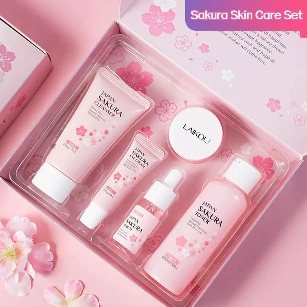 5/3pcs/Set Sakura Skin Care Sets Face Cream Serum Toner Facial Cleanser Sunscreen Eye Cream Gift Box Face Skin Care Set Product BareGlow