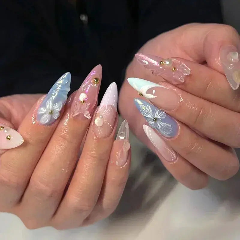 Press on Acrylic Nails Almond Full Cover Fake Nail with 3D Yellow Peach Floral False Nails with Glue Detachable Stick on Nails BareGlow