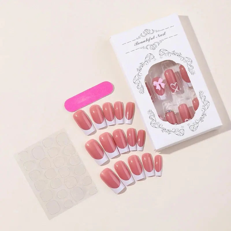 Chic Bows Tie Adorned Press On Nails Medium Long False Nails Full Cover Glossy Nude Square Acrylic False Nails Drop Shipping BareGlow
