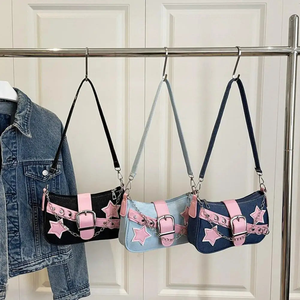 Fashion Women's Handbags Denim Stars Pattern Cool Girls Underarm Bag Female Small Shoulder Hobo Bags Chain Tote Bag