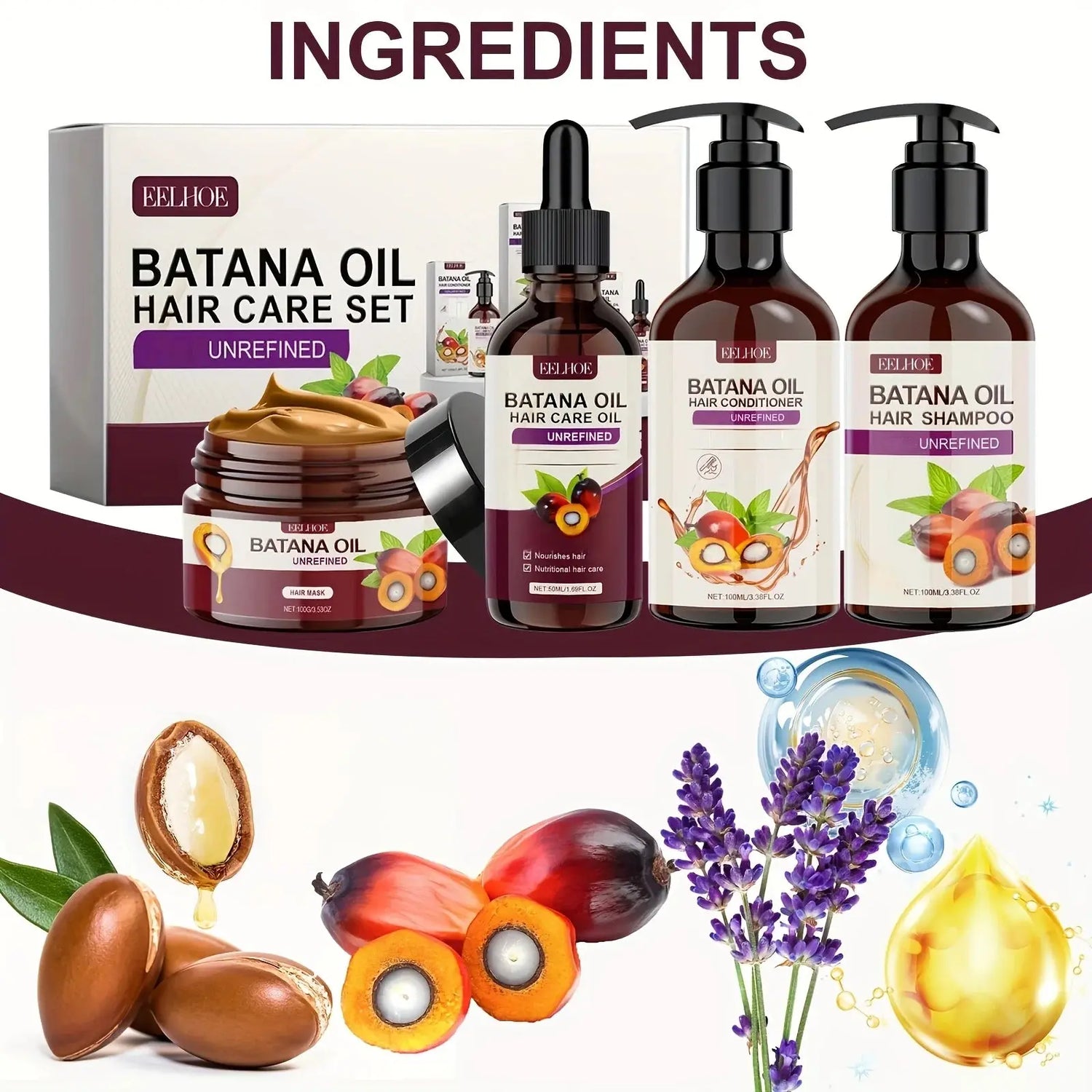 Batana Oil Hair Care Set - Shampoo, Conditioner, Hair Mask and Scalp Oil for All Hair Types BareGlow