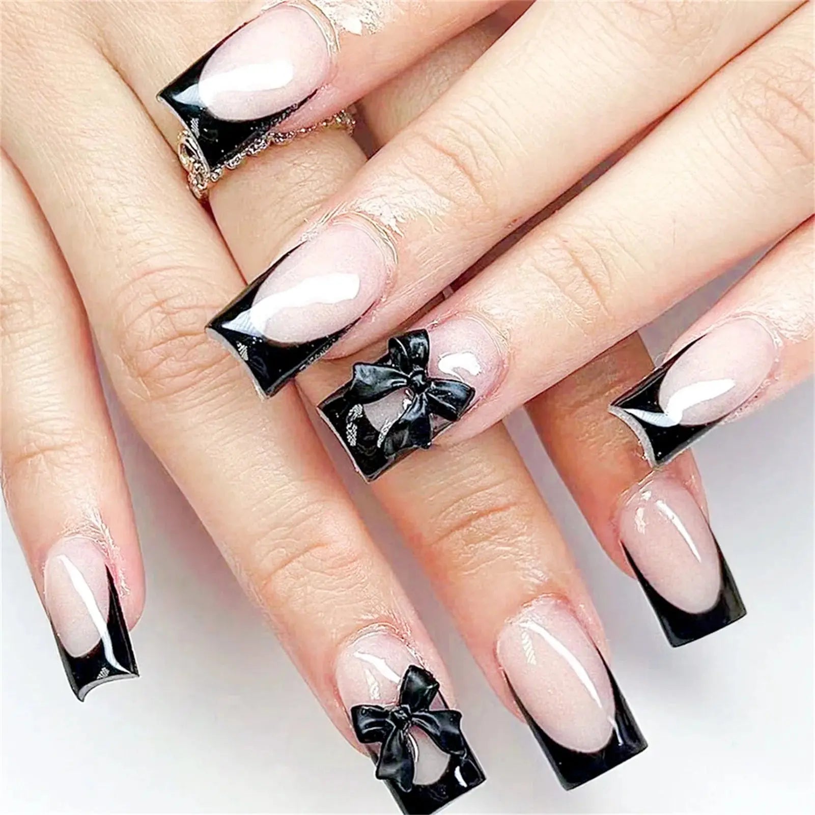White French Press on Nails 3D Bowknot Fake Nails Tips Full Cover Wearable False Nails for Women and Girls DIY Manicure 24Pcs BareGlow