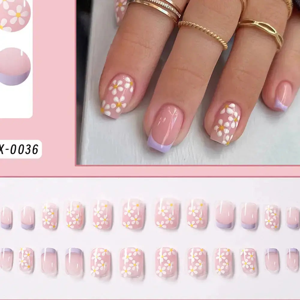 24Pcs Short Square Coffin False Nails French Glitter Wearable Fake Nails Tip Acrylic Full Cover Women Ballet Press on Nails BareGlow