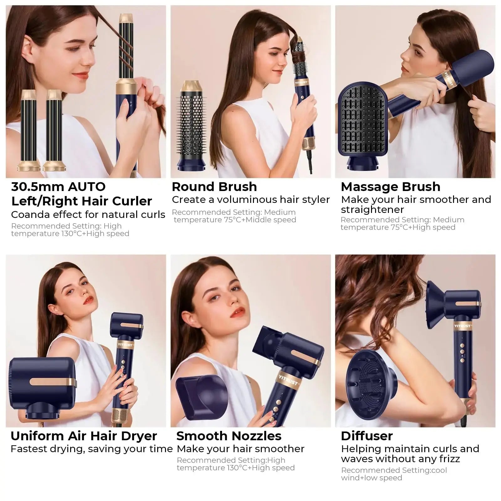 7 In 1 Hair Dryer Brush Brushless High Speed Hair Dryer with Diffuser Ionic Blow Dryer Hot Air Styling Comb Auto Hair Curler BareGlow