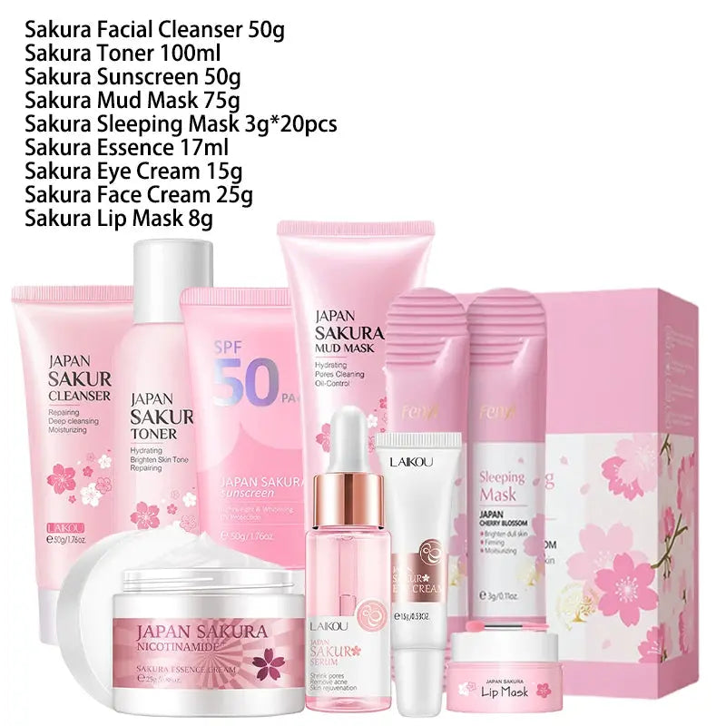 9pcs Facial Products Kit Sakura Skin Care Set Facial Cleanser Face Cream Sunscreen Facial Mask Eye Cream Korean Skincare Product BareGlow