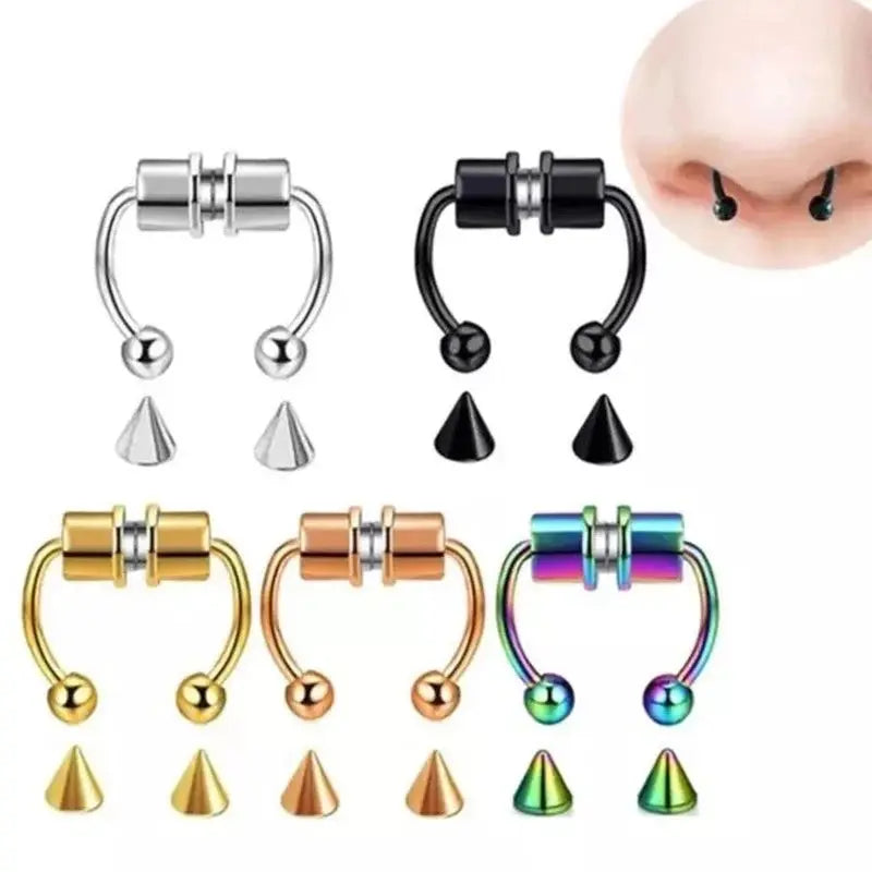 5pcs Stainless Steel Magnet Fake Nose Ring Hoop Fake Piercing Hoop Septum Rings For Women Fashion Gothic Rock Body Jewelry Gifts BareGlow