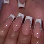 24Pcs Short Square Coffin False Nails French Glitter Wearable Fake Nails Tip Acrylic Full Cover Women Ballet Press on Nails BareGlow