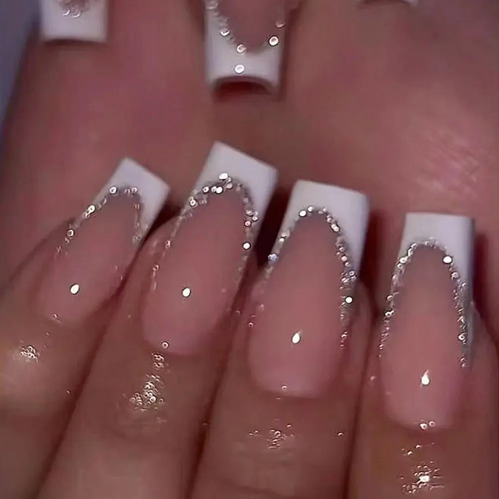 24Pcs Short Square Coffin False Nails French Glitter Wearable Fake Nails Tip Acrylic Full Cover Women Ballet Press on Nails BareGlow