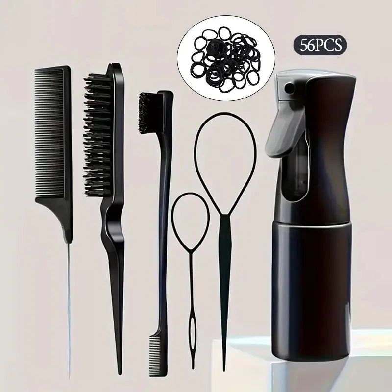 56PCS Hair Styling Set Spray Bottle Hair Brushes Elastic Hair Bands Rat Tail Comb Edge Brush for Women Girls Hair Styling Tools BareGlow