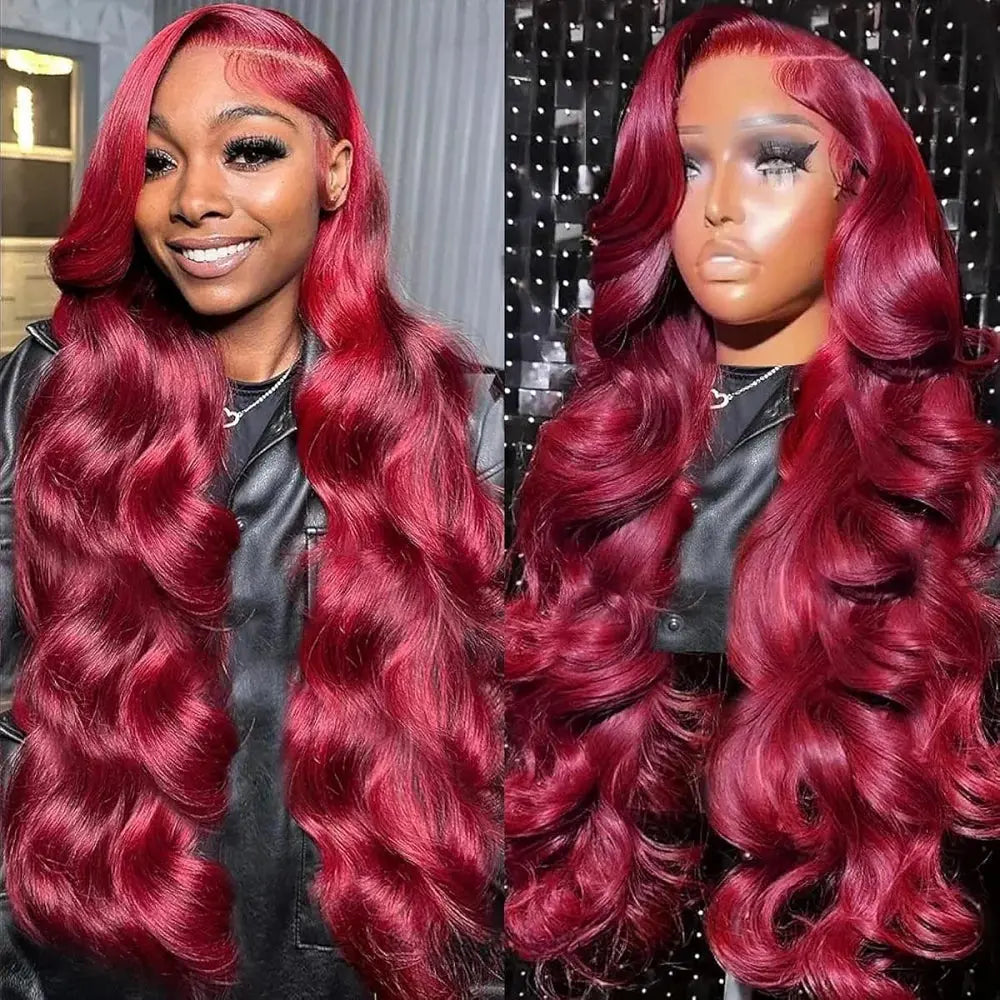 99j 220% Density 13x4 Wine Red/Burgundy Lace Front Straight Deep Wave Wigs BareGlow