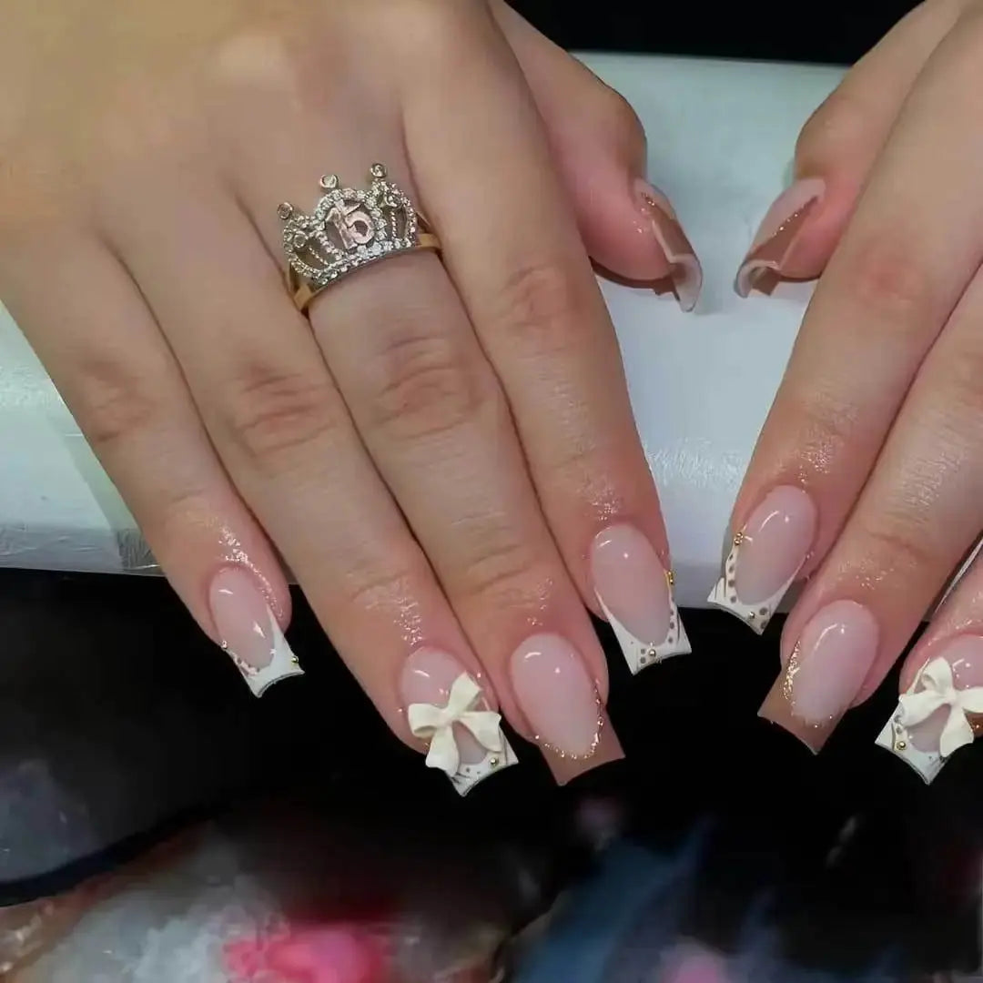 White French Press on Nails 3D Bowknot Fake Nails Tips Full Cover Wearable False Nails for Women and Girls DIY Manicure 24Pcs BareGlow