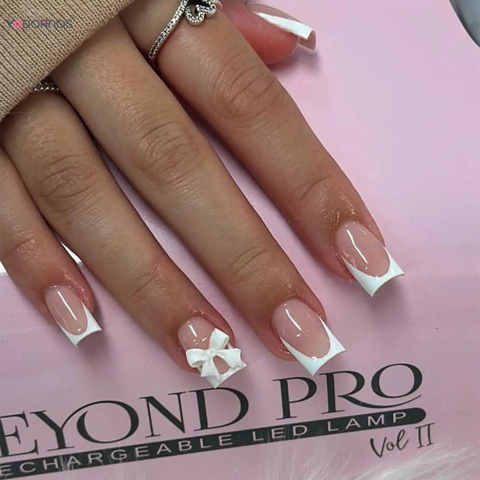 White French Press on Nails 3D Bowknot Fake Nails Tips Full Cover Wearable False Nails for Women and Girls DIY Manicure 24Pcs BareGlow