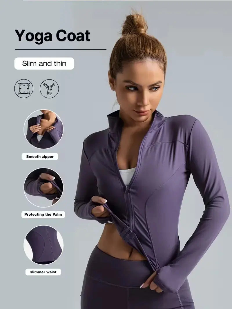 Women Slim Fit Stand Collar Sports Jacket Zip Up Yoga Jacket Quick Dry Slim Waist Running Workout Coat For Spring BareGlow