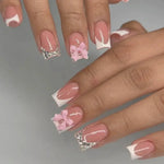 24 Pcs Pink French 3D Flower Decorations for Fake Nails Almond Press on Nails Acrylic Artificial Reusable False Nails Self-nail BareGlow