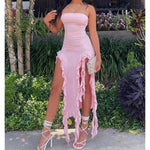 Women Strapless Sexy Floral Fold Hemline High Slit Mini Dress 2024 Solid Backless Sleeveless Black And Pink Party Dress Vestidos BareGlow