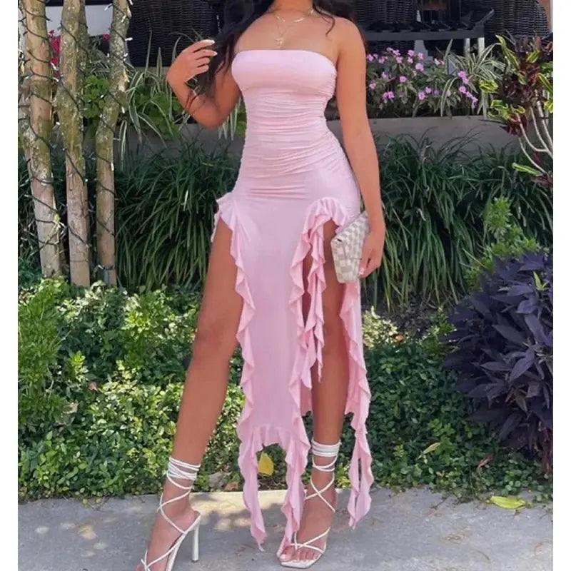 Women Strapless Sexy Floral Fold Hemline High Slit Mini Dress 2024 Solid Backless Sleeveless Black And Pink Party Dress Vestidos BareGlow