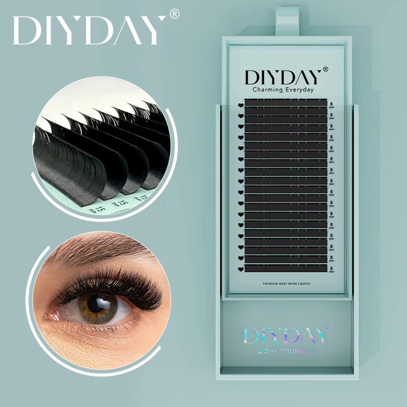 DIYDAY Individual Eyelash Extension Long Length Classic Lash Extension Trays Wholesale Matte Black Soft Mink Faux Eyelashes BareGlow