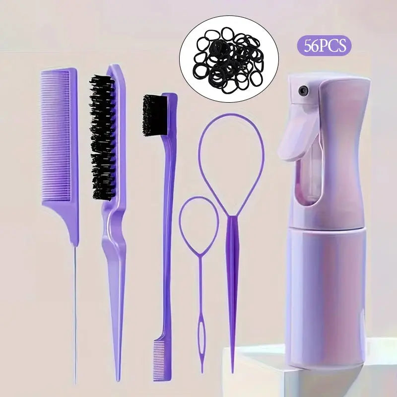 56PCS Hair Styling Set Spray Bottle Hair Brushes Elastic Hair Bands Rat Tail Comb Edge Brush for Women Girls Hair Styling Tools BareGlow